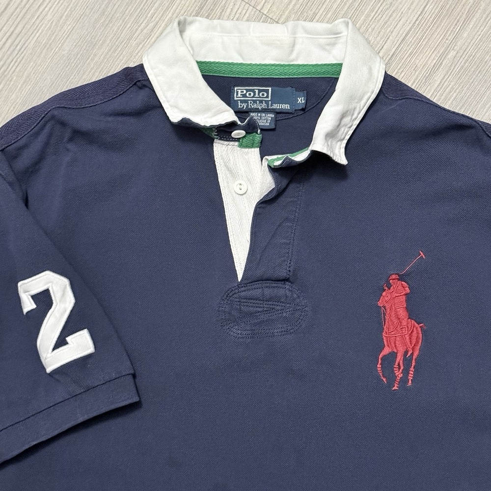 VINTAGE 90s MENS XL  RARE RETRO POLO BY RALPH LAUREN BIG PONY NAVY JERSEY #2